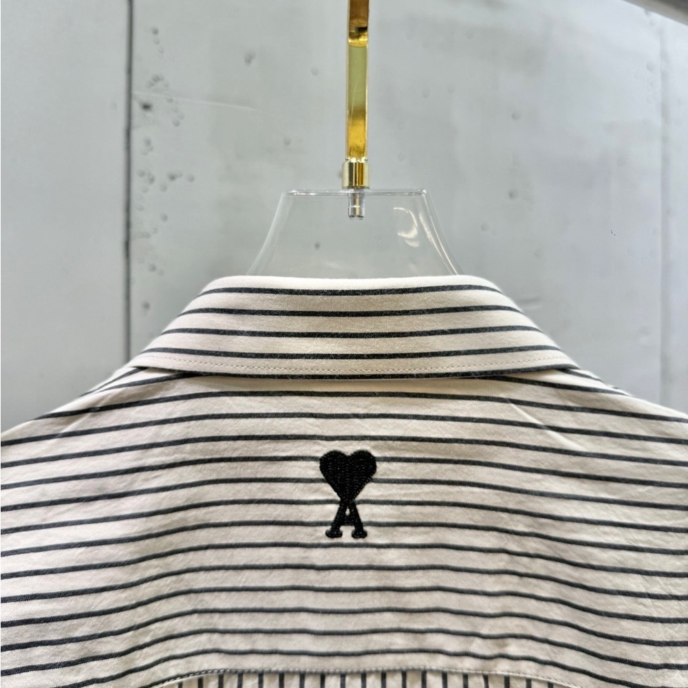 NWT AMI Paris Brown & White Striped Cotton Button-Down Shirt with Logo - Picture 7 of 8